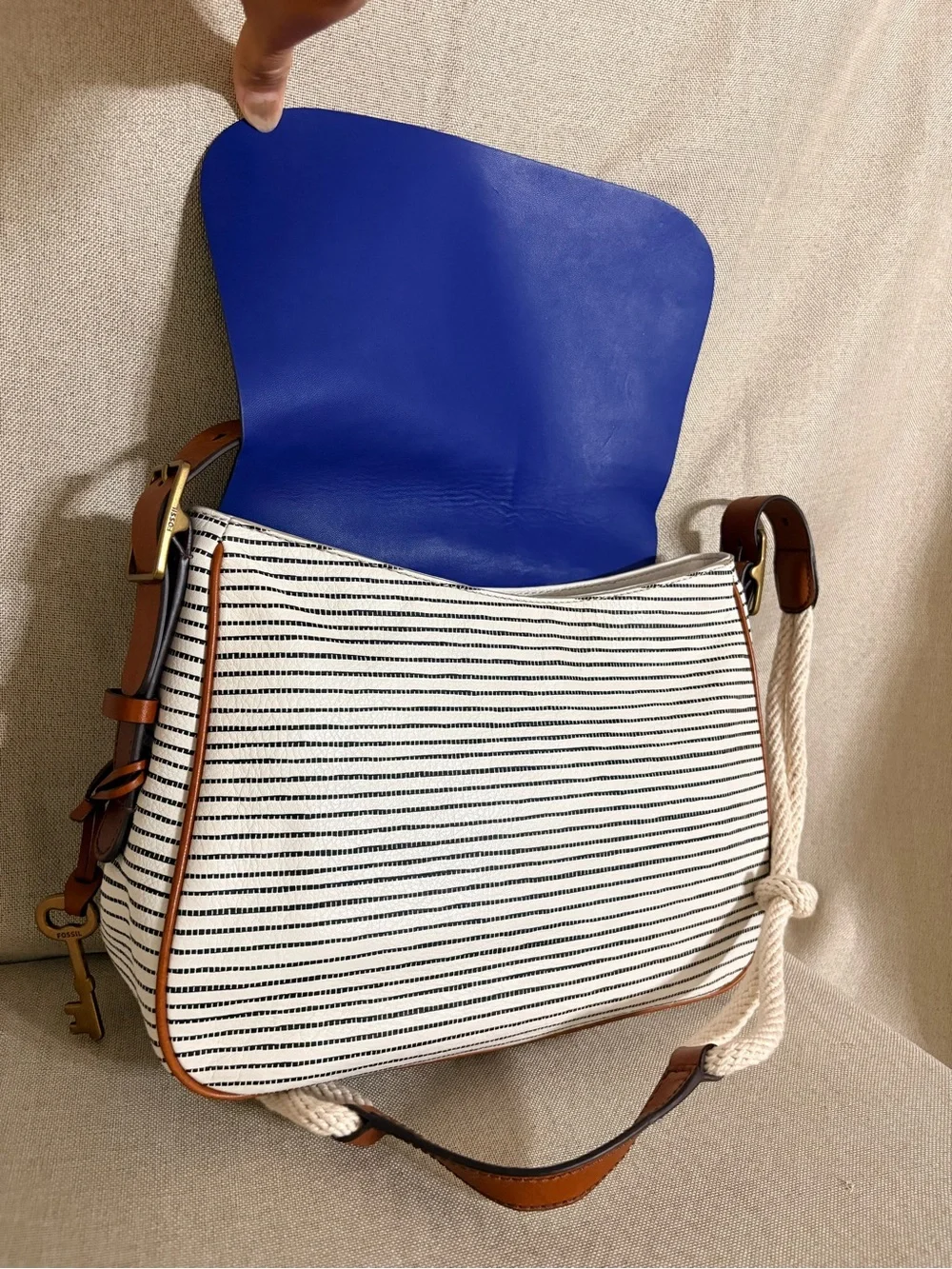 Fossil Cowhide Leather Nautical Stripe Shoulder Bag Blue White Adjustable Strap